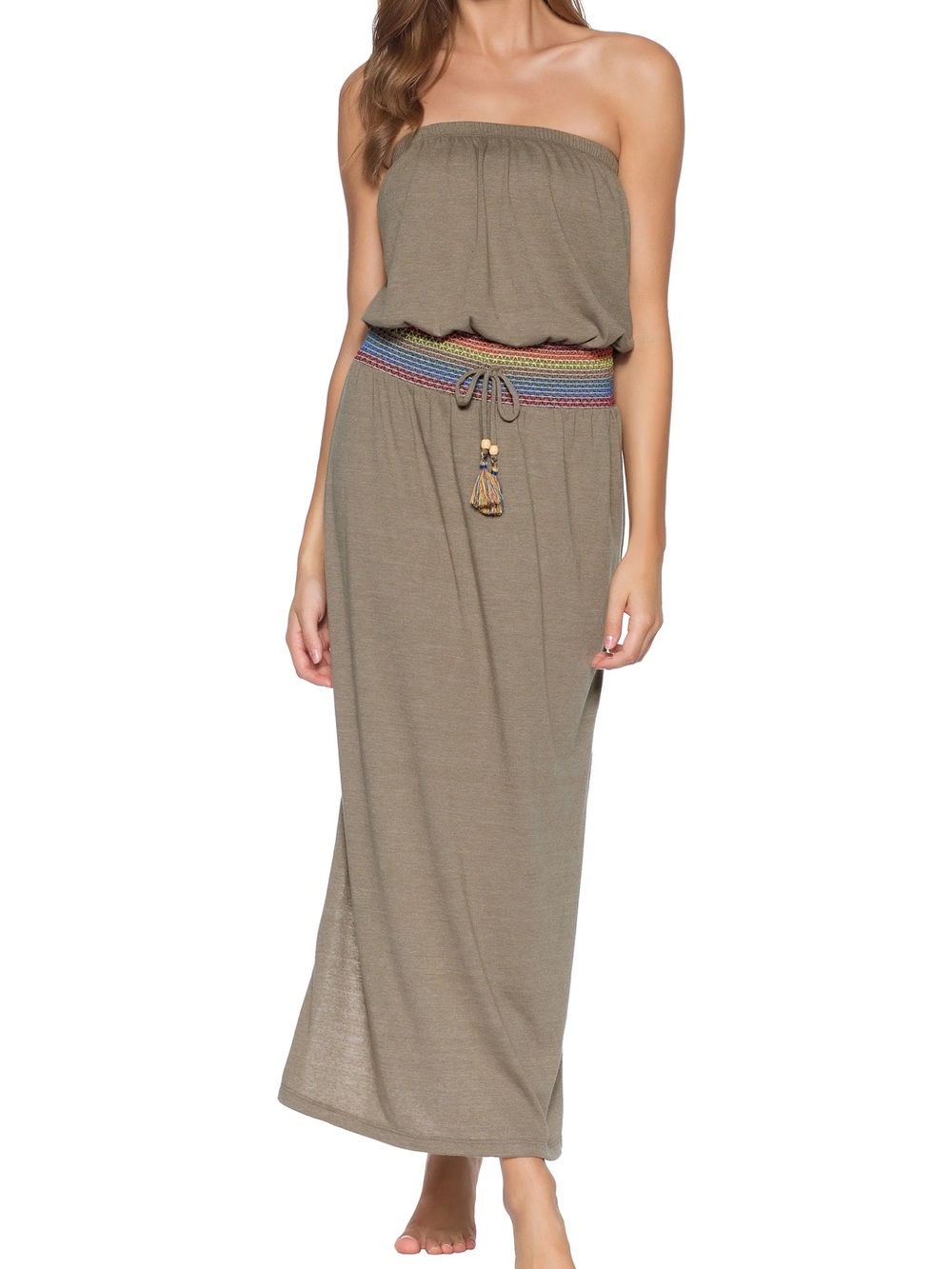 Soluna Strapless Maxi Dress M Boho Smocked Waist Taupe Brown Tassel Summer Beach